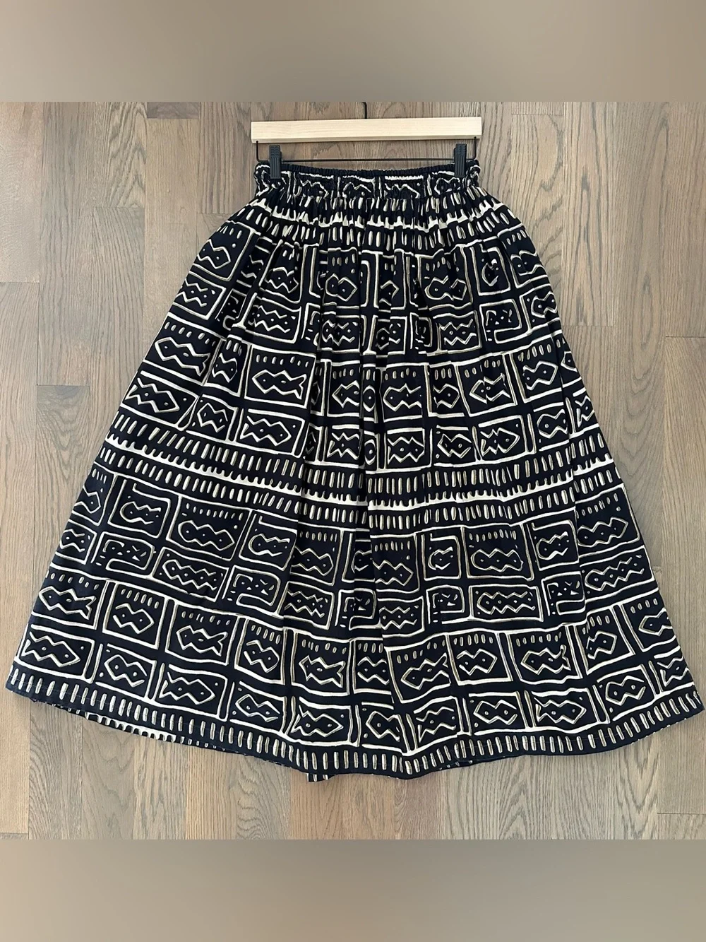Vintage Bohemian Mudcloth Print A-Line Maxi Skirt Tie Waist Black Multi Large
